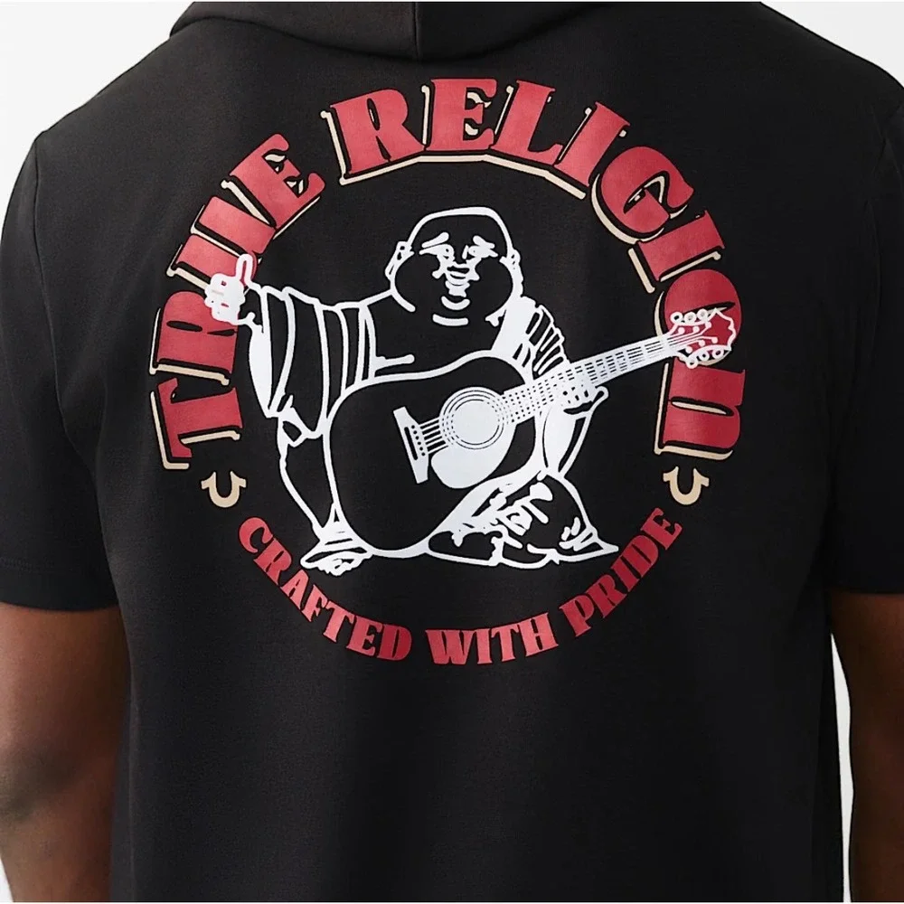 True Religion Mens Circular Hoodie Tee Black Short Sleeve Buddha Logo 701367 L